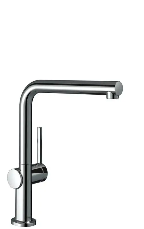 Einhebel-Küchenmischer von Hansgrohe in Chrom, mit einem hohen, geraden Auslauf und einem seitlichen Hebel für die Wassermengen- und Temperatureinstellung.